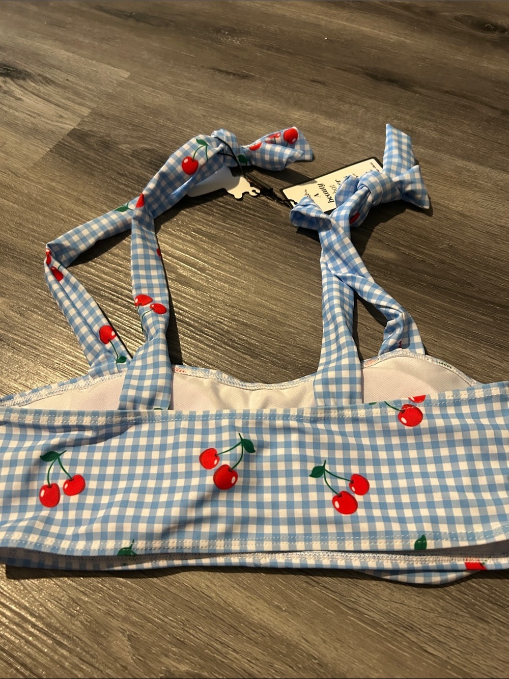 Blue Retro stage Cherry Tie-Strap Swim Top - Picture 4 of 5
